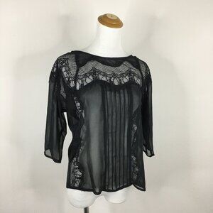 NWT LC LAUREN CONRAD 3/4 Sleeve Black Powder Room Lace Pleats Insert Sheer Shirt